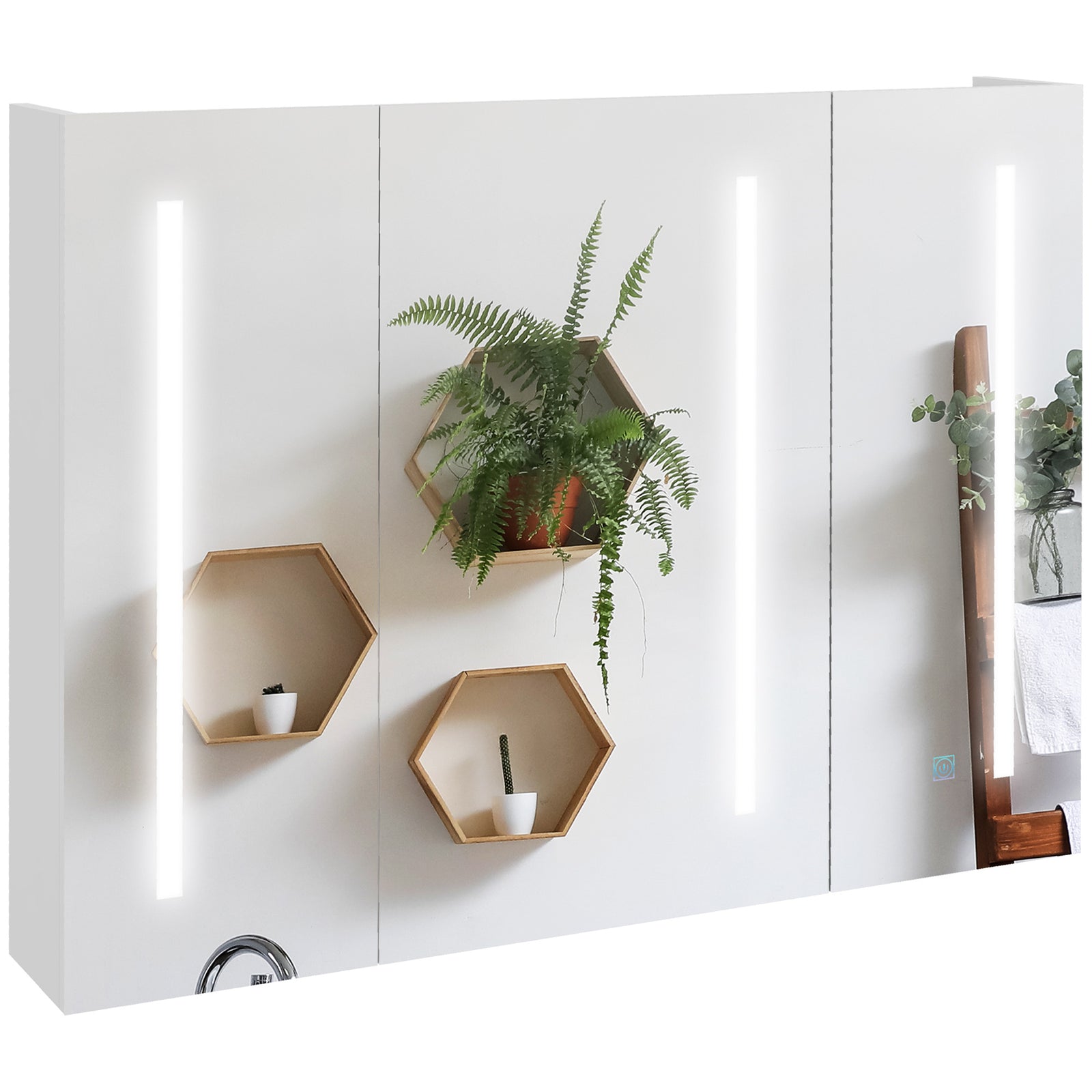 Bathroom Mirror Cabinet with Light, Bathroom Storage Cupboard with USB Charge, Adjustable Shelf, 90x15x70cm, White