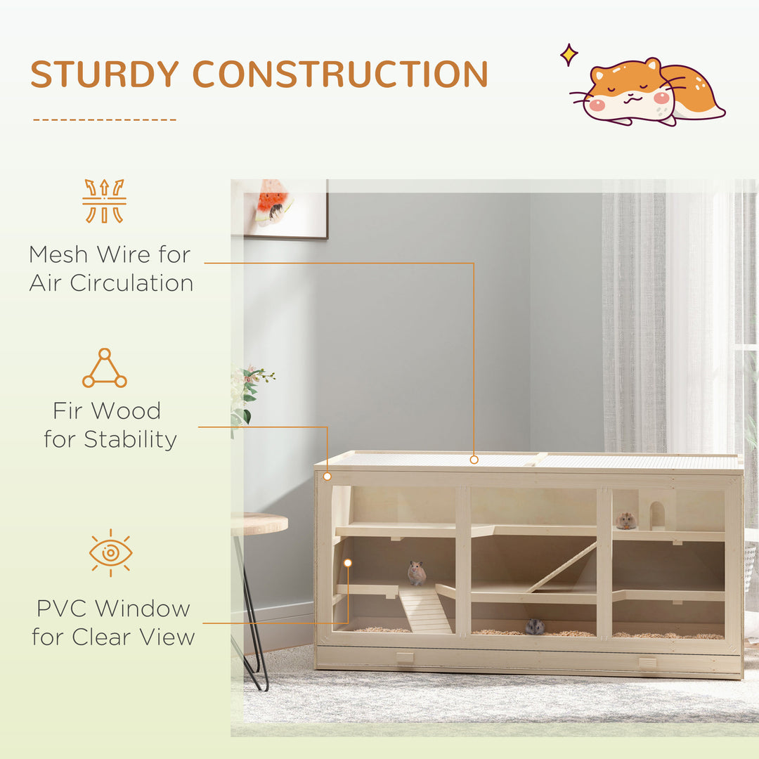 Wooden Hamster Cage, Small Animals Hutch with Tray, Openable Top, Exercise Play House Pen, 115L x 57W x 55Hcm, Natural