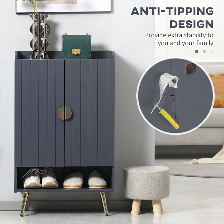 Modern Shoe Cabinet with 2 Doors, Open Shelf and Adjustable Shelves, 15 Pair Hallway Shoe Cupboard, Entryway Storage Unit, Grey