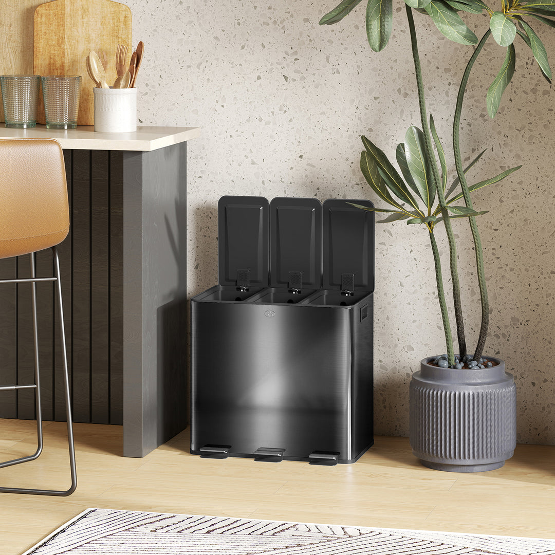 3 x 15L Pedal Bin, Steel Triple Kitchen Bin with Soft Close Lid, Removable Inner Buckets, Fingerprint-Proof, Black