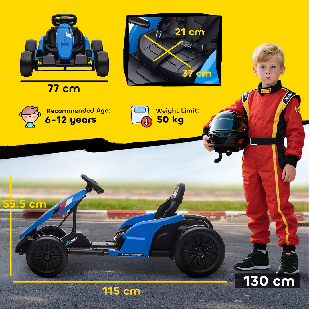 24V Electric Go Kart, Drift Kart with Adjustable Seat, Slow Start, 5-Point Harness, Music, Horn, for 6-12 Years