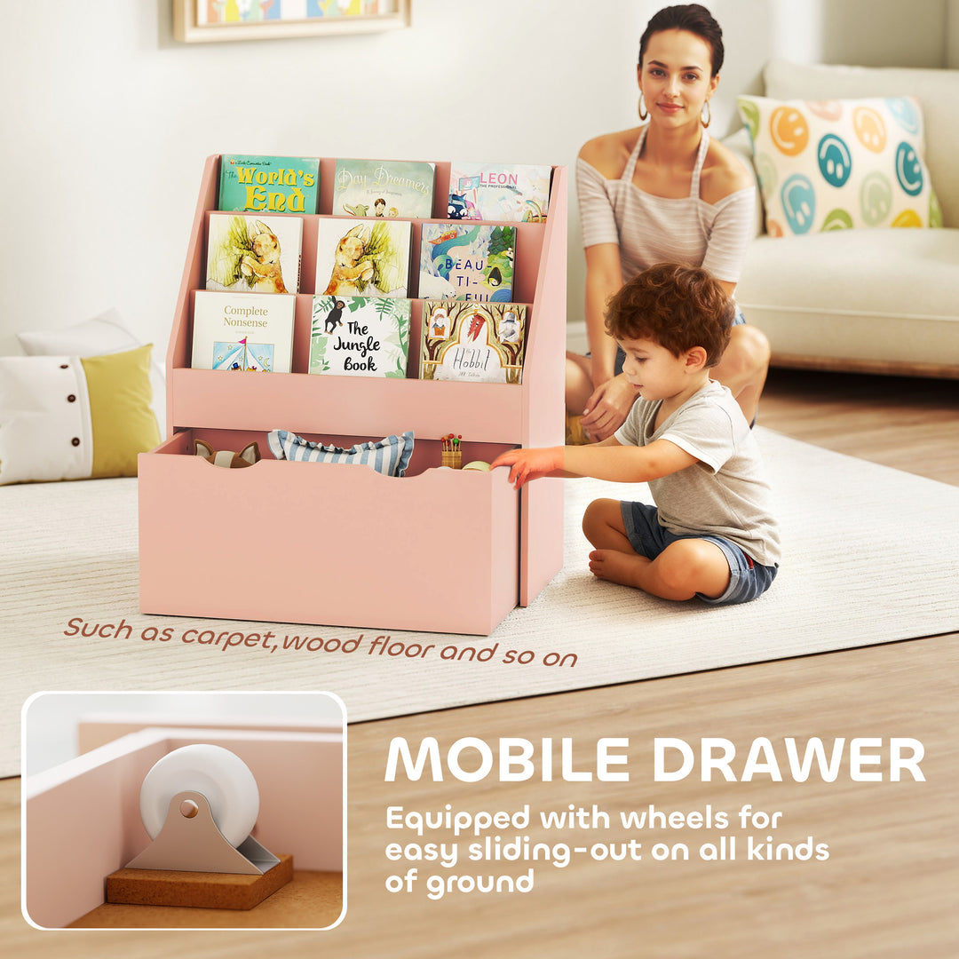 MCL Bookcase for Kids with Shelves, Drawer, Bookcase for Bedroom, Playroom, Pink