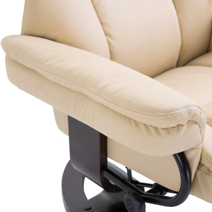 360° Swivel Recliner Chair with Footstool, PU Leather Manual Recliner Armchair with Solid Wood Base, Upholstered Reclining Chair for Living Room, Bedroom, Office, Cream