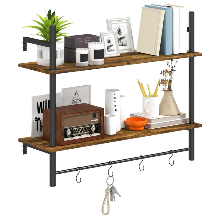 Wall Mounted Floating Shelves with 4 Hooks, Rustic Wall Shelf Unit for Living Room, Entryway, Rustic Brown