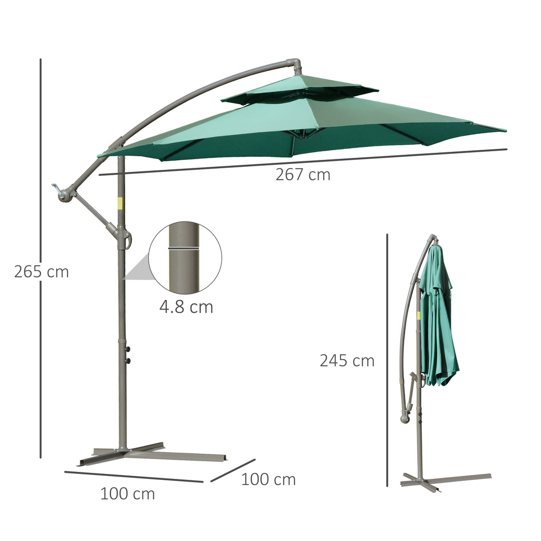 2.7m Banana Parasol Cantilever Umbrella with Crank Handle, Double Tier Canopy and Cross Base for Outdoor, Hanging Sun Shade, Green