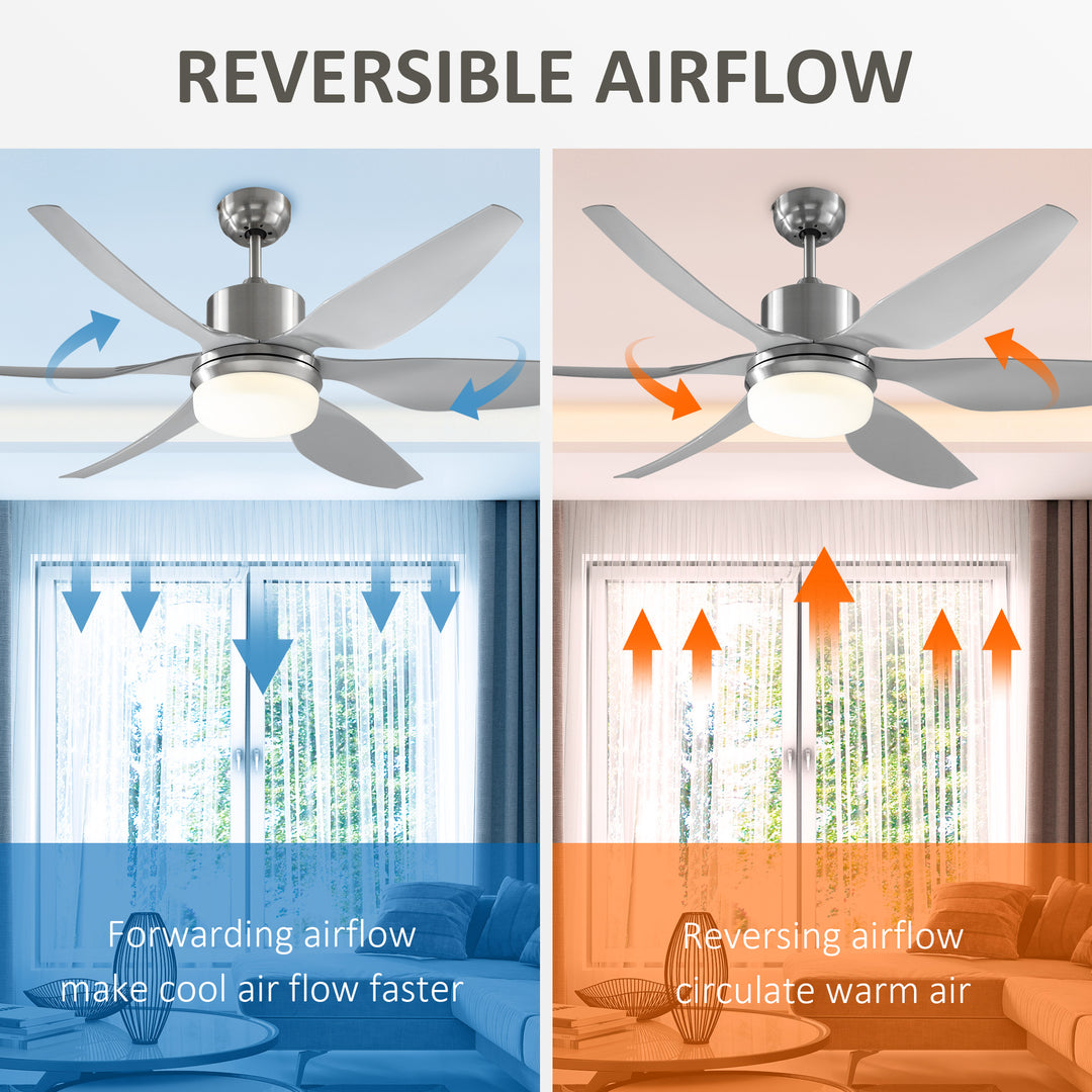 HOMCOM Reversible Ceiling Fan with Light, 6 Blades Indoor Modern Mount LED Lighting Fan with Remote Controller, for Bedroom, Living Room, Silver