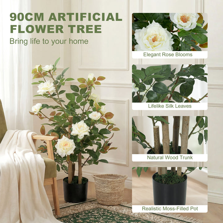 90cm Artificial Rose Tree, Decorative Fake Plant with 344 Silk Leaves 
