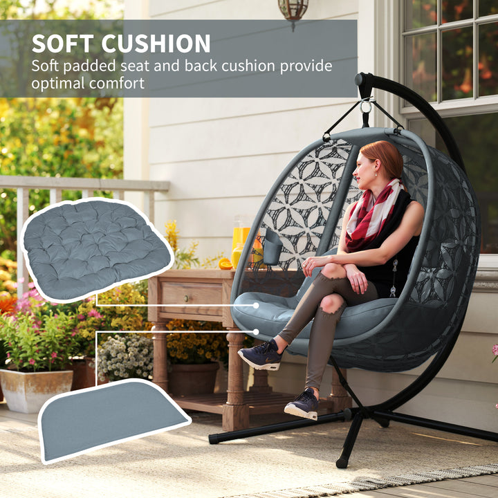 Outdoor Double Hanging Chair with Cushion and Cup Holders, Charcoal Grey