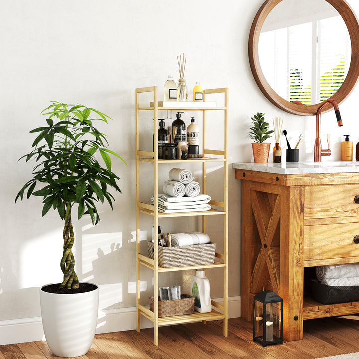 5-Tier Bamboo Bathroom Storage Shelf, Freestanding Shelving Unit with Adjustable Rack for Kitchen Bathroom Living Room, Natural Wood Finish