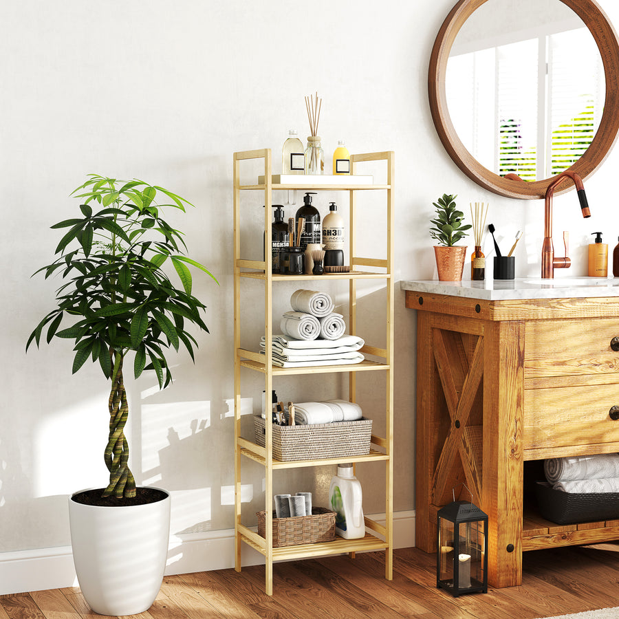 5-Tier Bamboo Bathroom Storage Shelf, Freestanding Shelving Unit with Adjustable Rack for Kitchen Bathroom Living Room, Natural Wood Finish