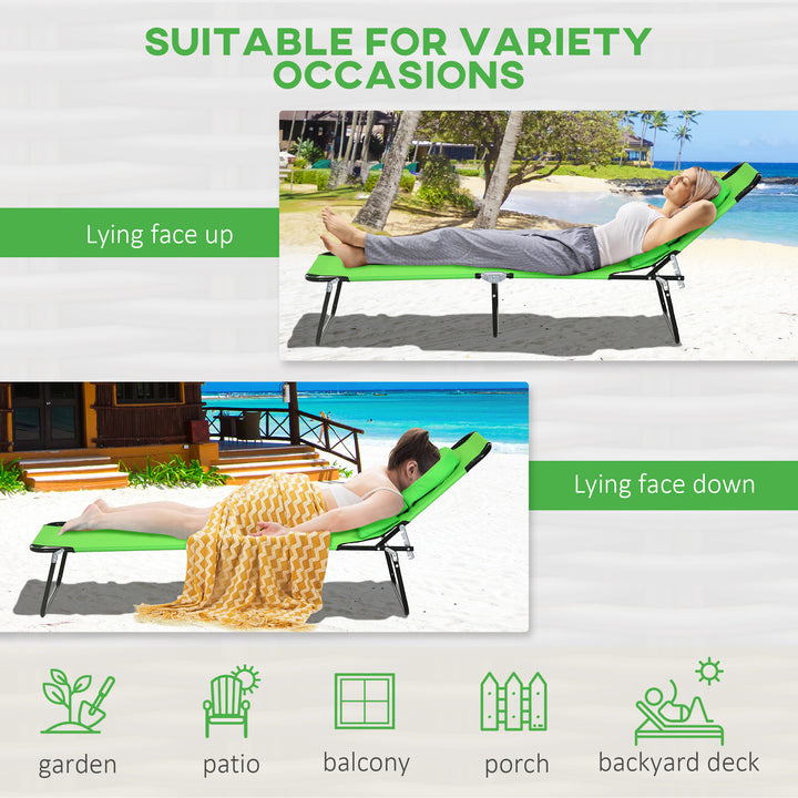 Outdoor Folding Sun Lounger Set of 2 with Face Hole, 4 Level Adjustable Backrest Reclining Garden Lounger, Garden Recliner Sunbed with 600 D Oxford Cloth Seat and Pillow for Beach, Green
