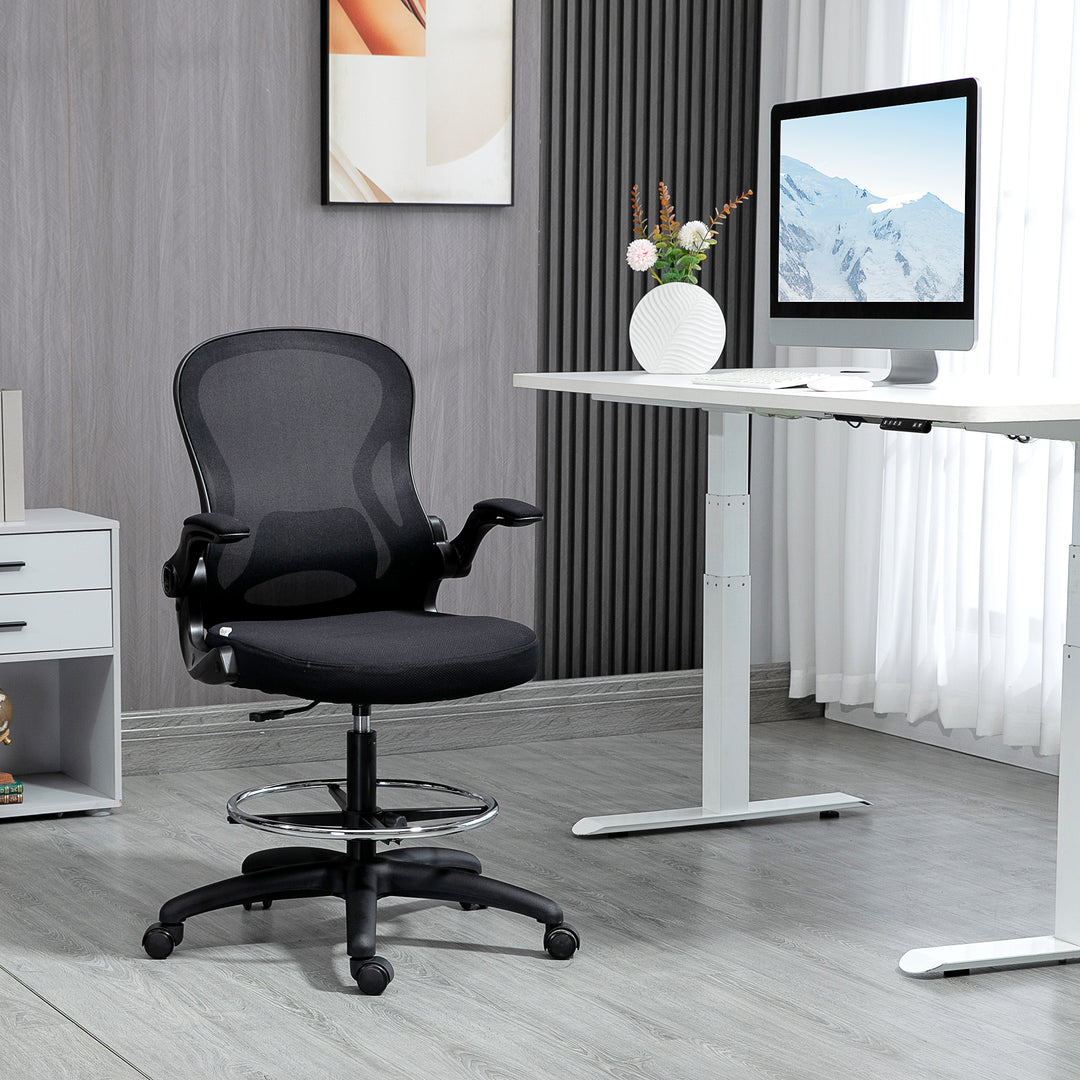 Adjustable Mesh Standing Desk Chair with Flip-up Armrests Lumbar Support Armrests Adjustable Footrest Ring Black