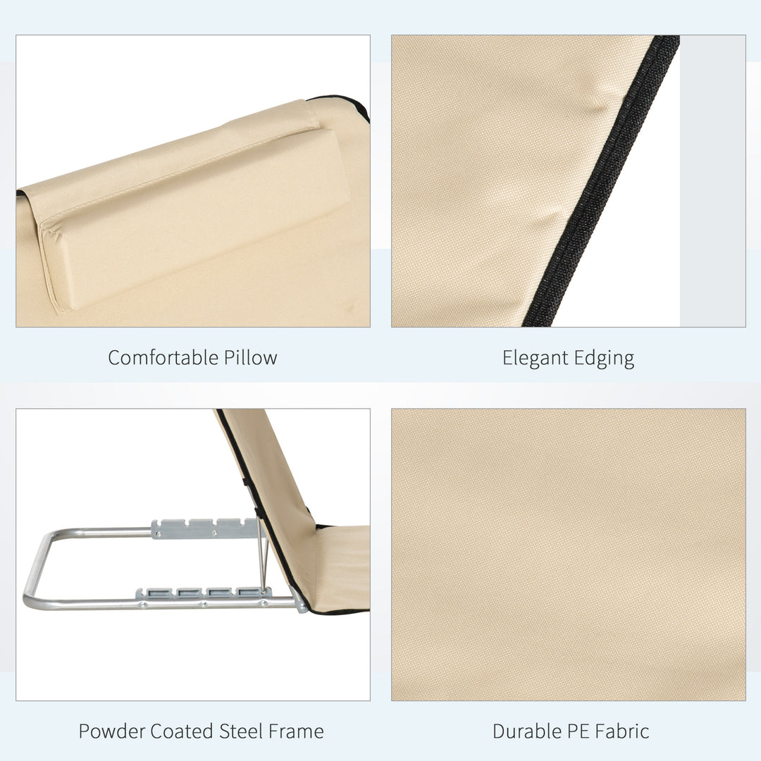 MCL Set of 2 Foldable Garden Beach Chair Mat Lightweight Outdoor Sun Lounger Seats Adjustable Back Metal Frame PE Fabric Head Pillow w/ Carry Bag, Beige