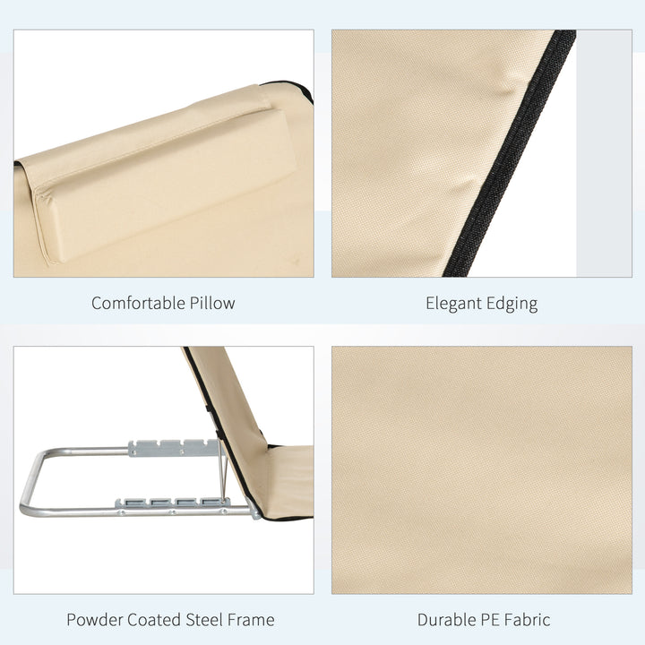 MCL Set of 2 Foldable Garden Beach Chair Mat Lightweight Outdoor Sun Lounger Seats Adjustable Back Metal Frame PE Fabric Head Pillow w/ Carry Bag, Beige