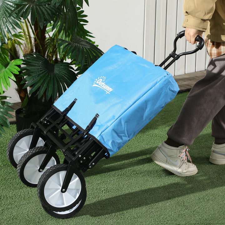 Outsunny Folding Garden Trolley Cart, Cargo Wagon Trailer for Beach & Outdoor Use, with Telescopic Handle, Blue | Aosom UK