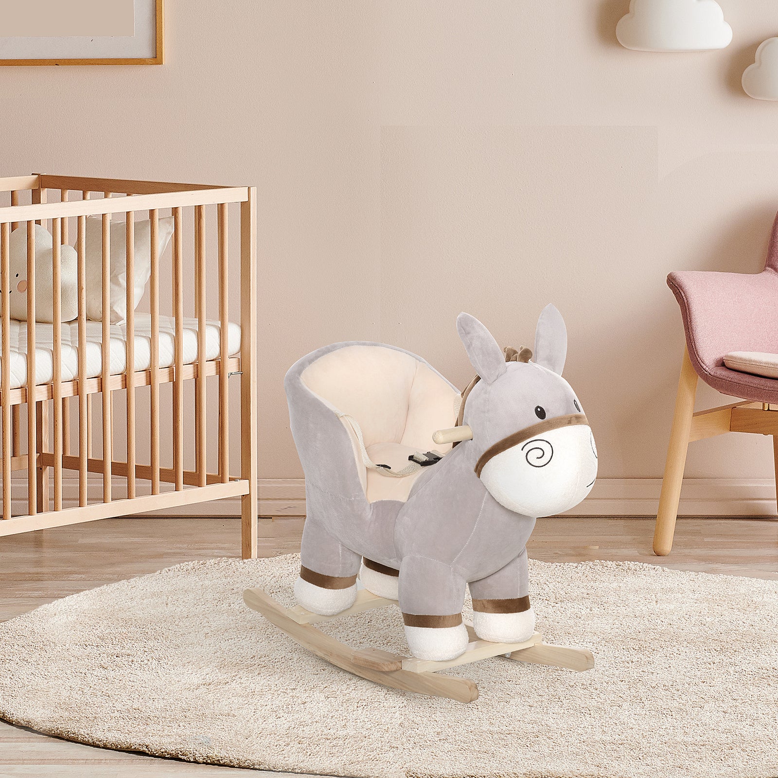 Kids Children Rocking Horse Plush Ride On Donkey Seat w/ Sound Wood Base Seat Safety Belt Toddler Baby Toy Rocker Grey 18 - 36 Months