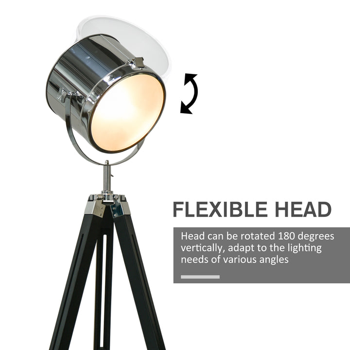 MCL Industrial Style Adjustable Tripod Floor Lamp, Searchlight Lamp with Wooden Legs and Steel Lampshade, 110-155cm, Black