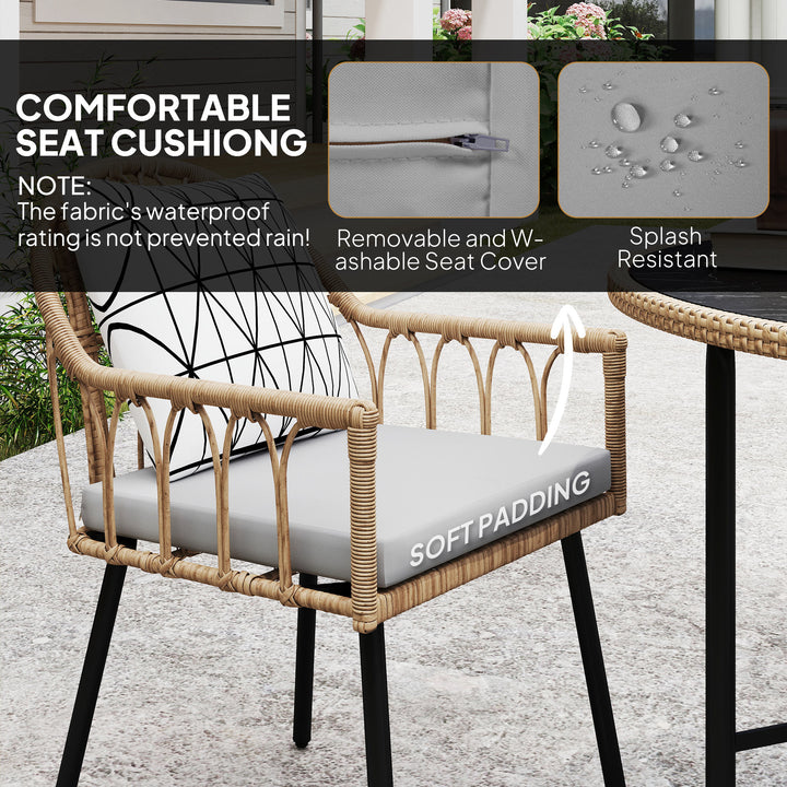 5 Piece Patio Rattan Dining Set, Wicker Garden Table and Chairs w/ Removable Seat & Back Cushions, Round Tempered Glass Tabletop, Parasol Hole, Outdoor Furniture Conservatory Set, Light Brown