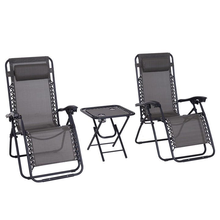 Outsunny 3pcs Folding Zero Gravity Chairs Sun Lounger Table Set w/ Cup Holders Reclining Garden Yard Pool, Dark Grey | Aosom UK