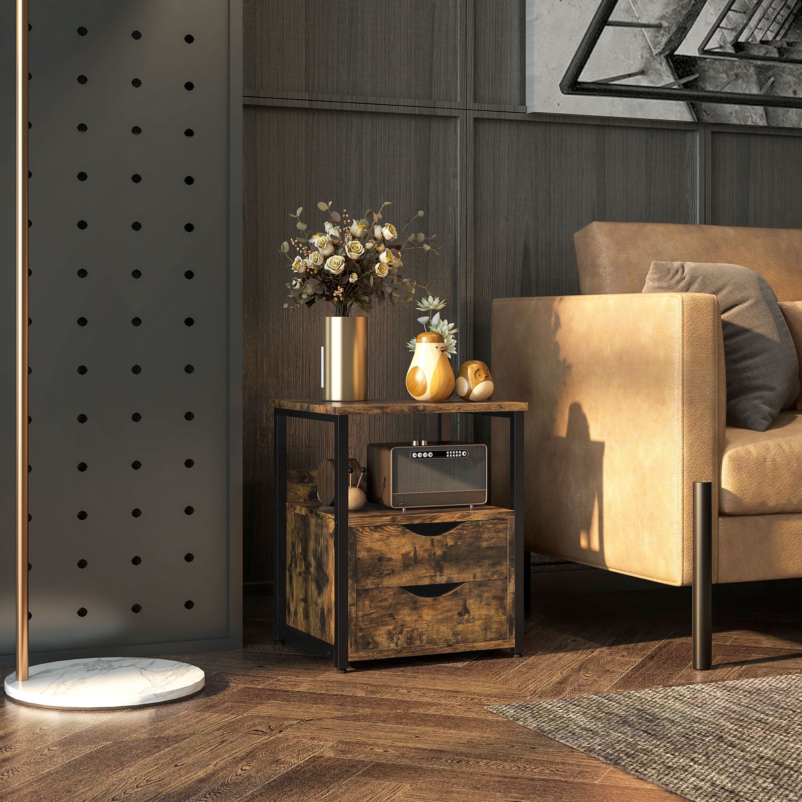 Industrial Side Table with Drawer, Sofa Table, Bedside Cabinet with Storage Shelf, Slim Nightstand for Living Room, Bedroom, Rustic Brown