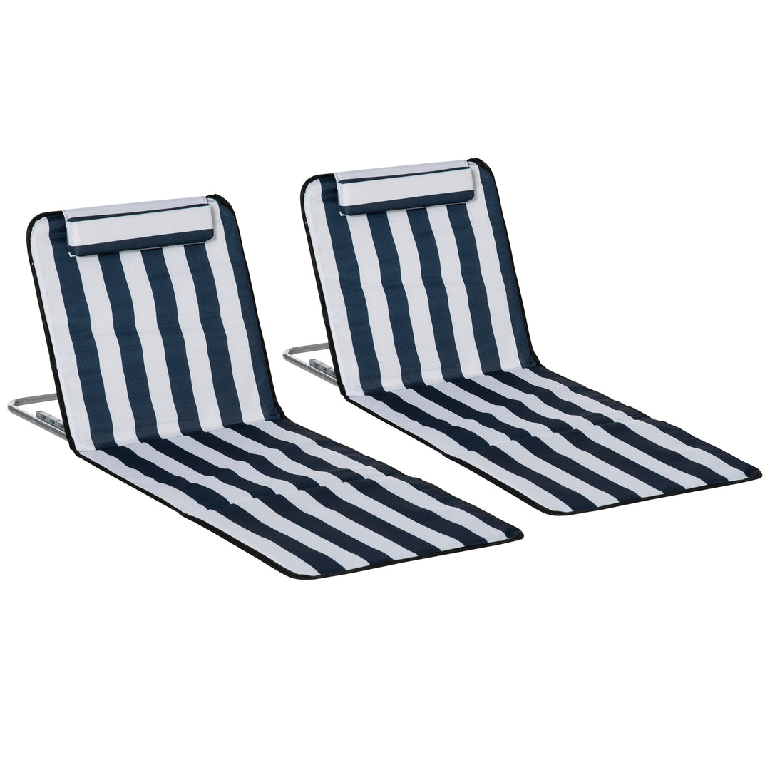 MCL Set of 2 Foldable Garden Beach Chair Mat Lightweight Outdoor Sun Lounger Seats Adjustable Back Metal Frame PE Fabric Head Pillow w/ Carry Bag, Blue