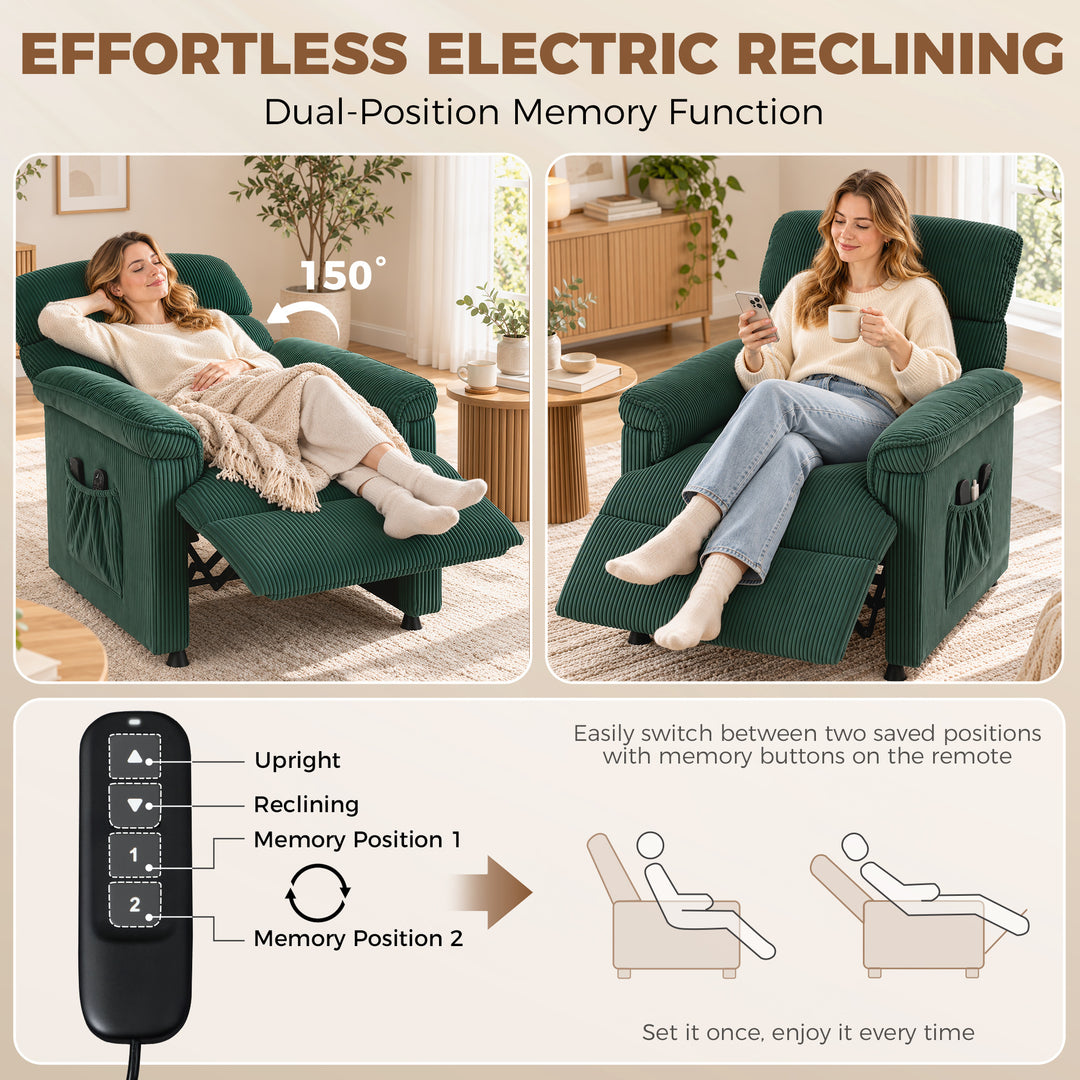 Corduroy Electric Recliner Armchair with Massage and Heat - Green - view 5