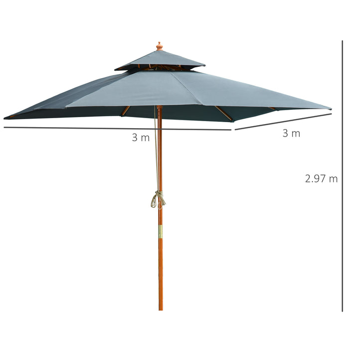 3 x 3 metre Patio Parasol Garden Umbrellas Sunshade Outdoor Wooden Parasol Canopy Double Tier, Dark Grey, BASE NOT INCLUDED