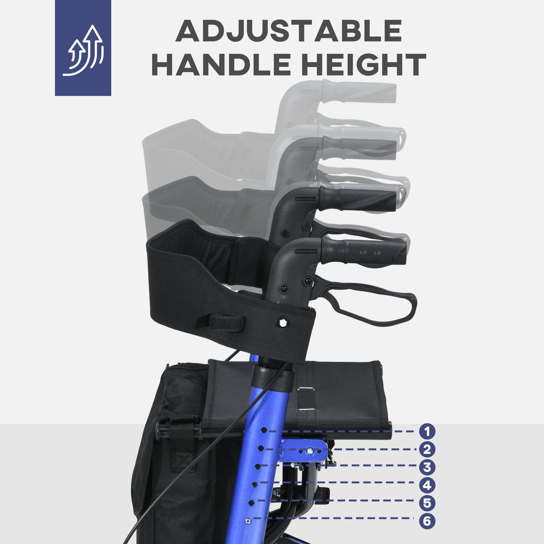 4 Wheel Rollator with Seat and Back, Folding Mobility Walker with Carry Bag, Adjustable Height, Dual Brakes, Cane Holder, Lightweight Aluminium Walking Frame for Seniors and Disabled, Blue