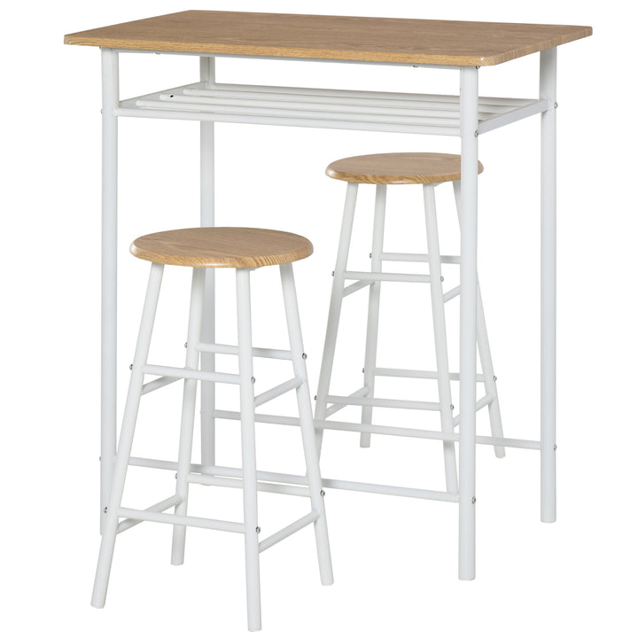 HOMCOM Bar Table and Stools w/ Metal Frame Footrest, Storage Shelf, Bar Table Set for Kitchen, Dining Room, Cafe, White & Oak | Aosom UK