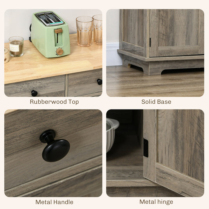 Sideboard with Rubber Wood Top, Modern Storage Cabinet, Kitchen Cupboard with 3 Doors, 3 Drawers and 3 Adjustable Shelves for Dining Room, Living Room, Grey Wood-Effect