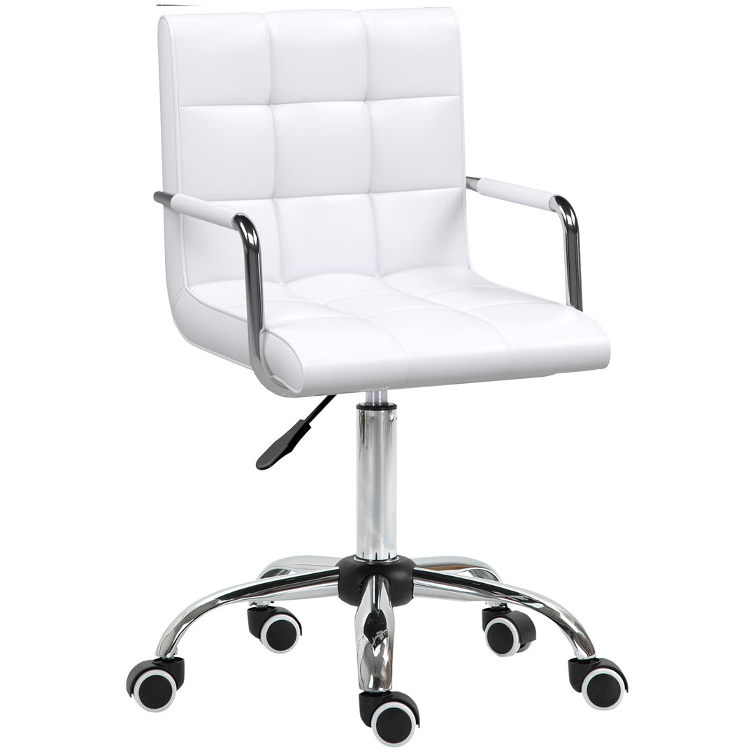Office Chair, Makeup Vanity Chair, Mid Back Computer Chair, PU Leather Swivel Study Chair with Adjustable Height, Armrest and Rolling Wheels, White
