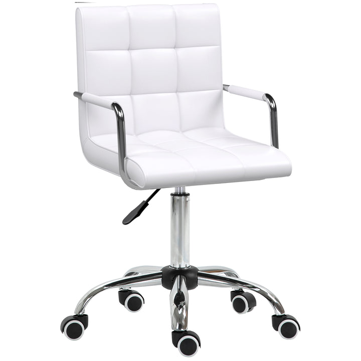 Office Chair, Makeup Vanity Chair, Mid Back Computer Chair, PU Leather Swivel Study Chair with Adjustable Height, Armrest and Rolling Wheels, White