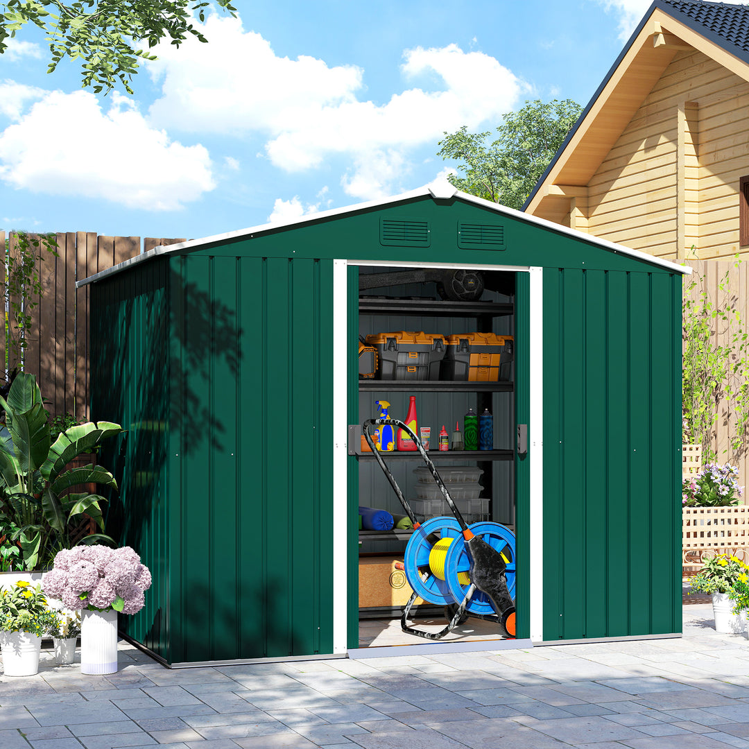 MCL 7.7 x 5.7ft Metal Garden Shed with Ventilation Slots and Sliding Doors, Galvanised Outdoor Tool Storage House, Green