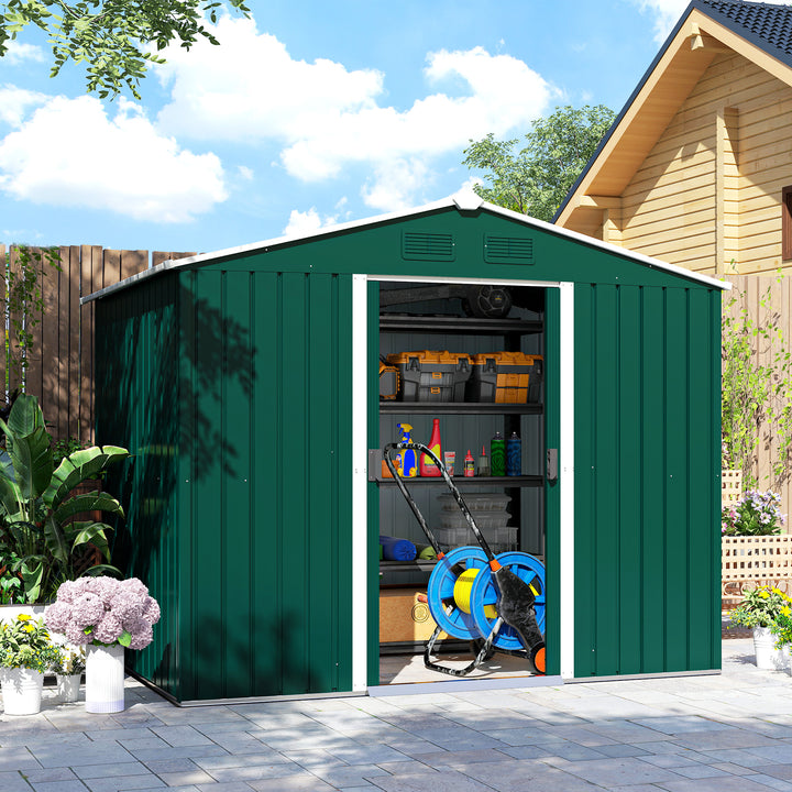 MCL 7.7 x 5.7ft Metal Garden Shed with Ventilation Slots and Sliding Doors, Galvanised Outdoor Tool Storage House, Green