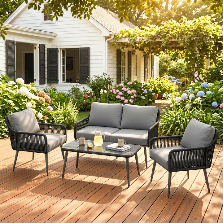 Rattan Garden Furniture Set, 4 Piece Outdoor Patio Furniture with Temp