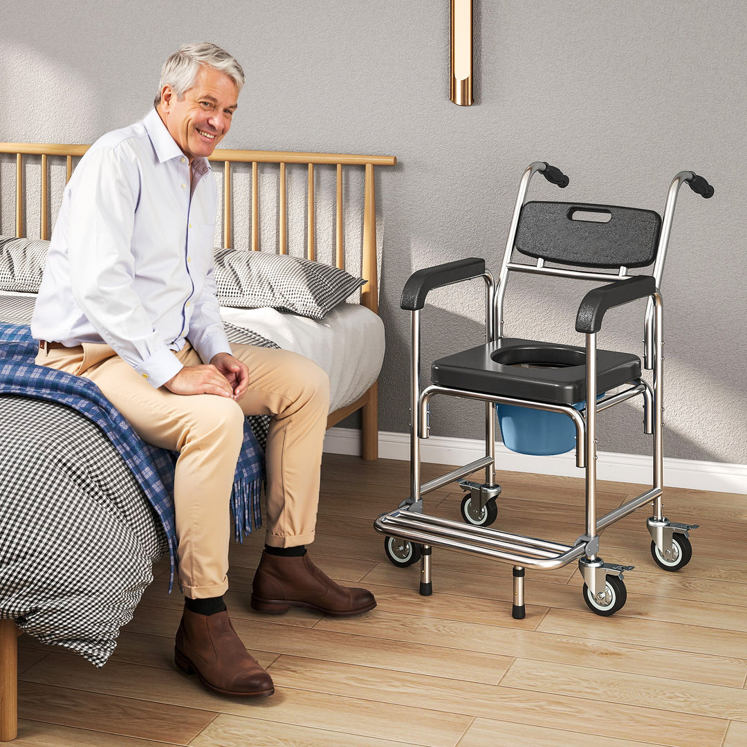 Transport Beside Shower Chair, 3-in-1 Commode Chair with Wheels and Pa