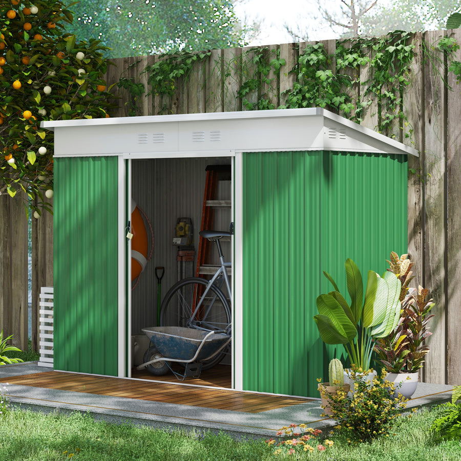 7.6 x 4.3ft Garden Storage Shed with Lockable Sliding Doors and Ventilation, Metal Garden Tool Storage House, Green