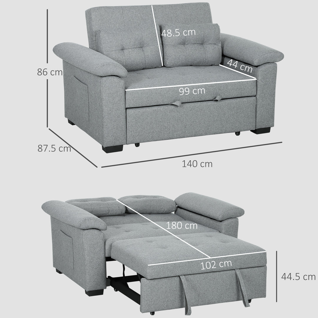 Pull Out Sofa Bed, Fabric 2 Seater Click Clack Sofa Bed Settee with 2 Pocket Springs, Convertible Sofa Couch with Pillows and Side Pockets for Living Room, Home Office, Light Grey