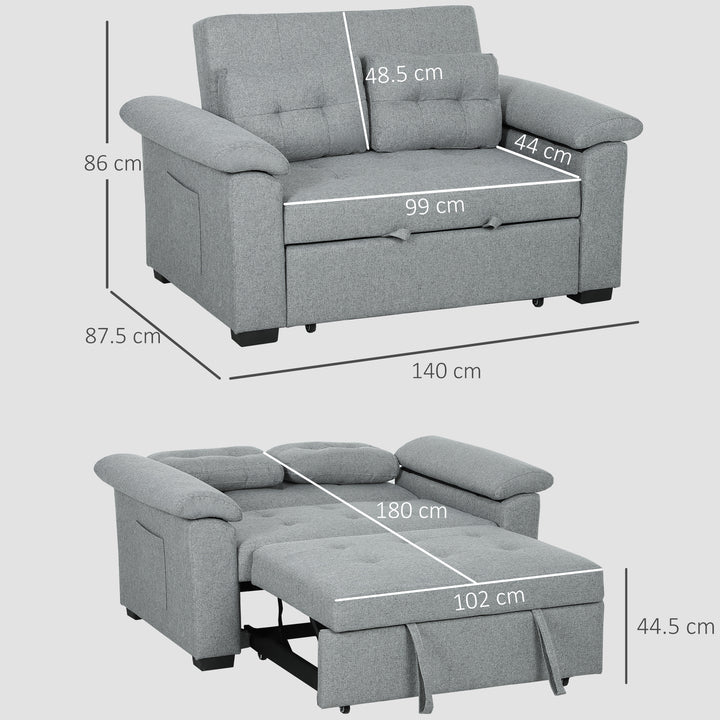 Pull Out Sofa Bed, Fabric 2 Seater Click Clack Sofa Bed Settee with 2 Pocket Springs, Convertible Sofa Couch with Pillows and Side Pockets for Living Room, Home Office, Light Grey