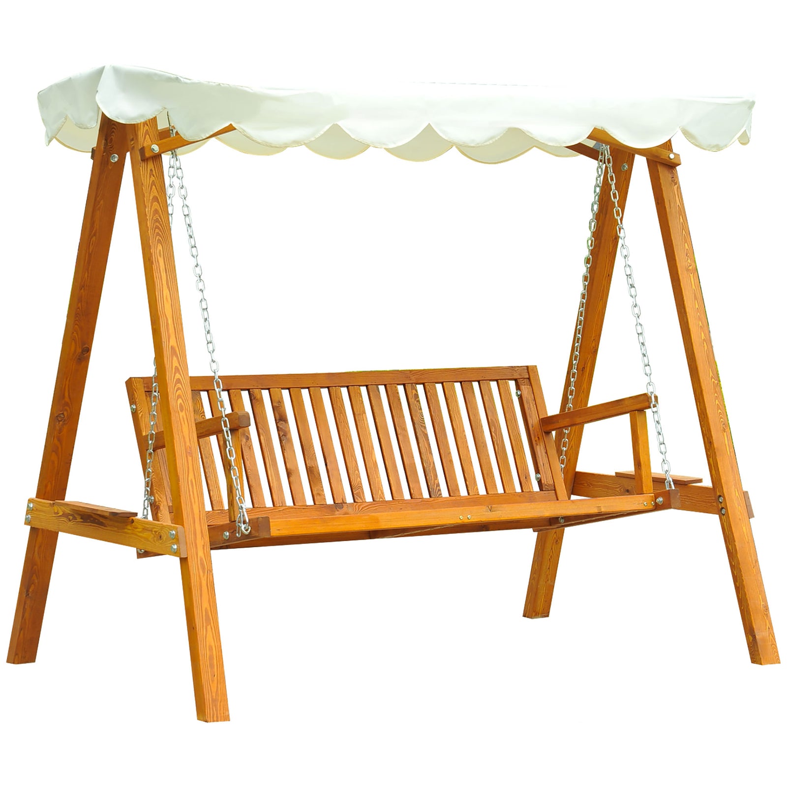 3 Seater Garden Swing Seat with Canopy, Wooden Swing Chair, Outdoor Hammock Bench for Balcony Patio Porch, Cream White