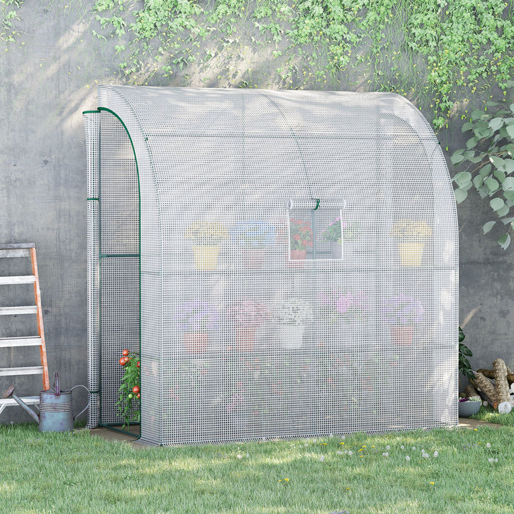 Walk-In Lean to Wall Greenhouse with Windows and Doors, Outdoor Green House with 3 Tiers 4 Wired Shelves, 200L x 100W x 215Hcm, White