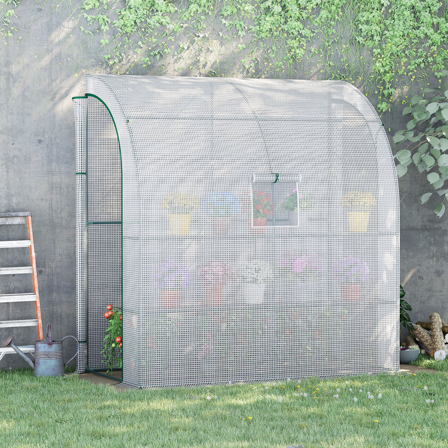 Walk-In Lean to Wall Greenhouse with Windows and Doors, Outdoor Green House with 3 Tiers 4 Wired Shelves, 200L x 100W x 215Hcm, White