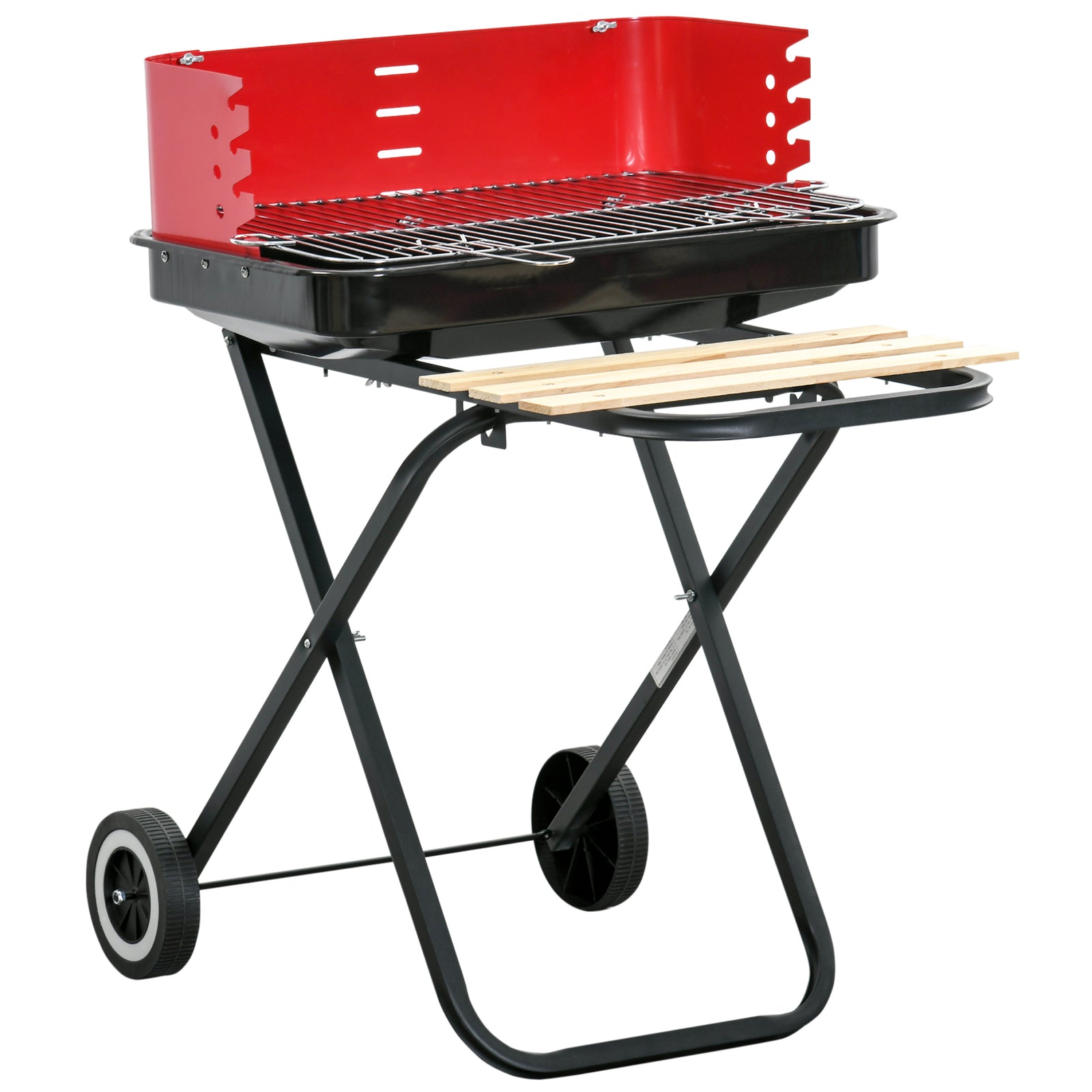 Charcoal Trolley BBQ Barbecue Grill Patio Camping Picnic Garden Party Outdoor Cooking with Windshield and Wheels Side Trays, Black/Red