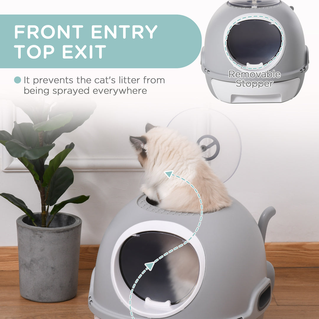 Cat Litter Box Toilet with Litter Scoop Enclosed Drawer, Front Entry Top Exit, Easy To Clean Grey