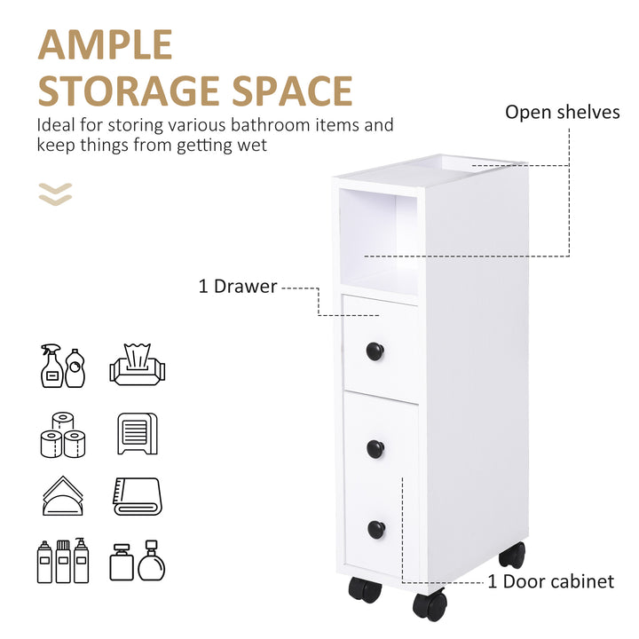 kleankin Slimline Bathroom Storage Unit w/ 2 Drawers 2 Open Compartments Wheels Handles Freestanding Compact Home Office Furniture White | Aosom UK