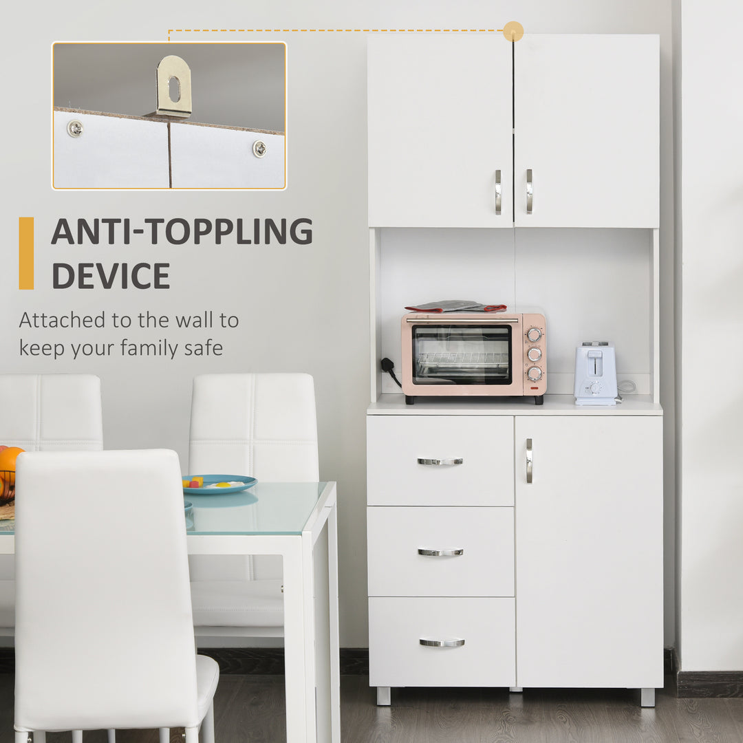 Free standing Kitchen Cupboard, Storage Cabinet with Doors and Sheleves, 3 drawers and Open Space, Adjustable Height Storage Unit, White