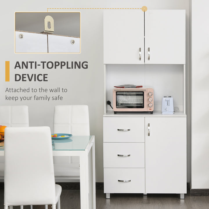 Free standing Kitchen Cupboard, Storage Cabinet with Doors and Sheleves, 3 drawers and Open Space, Adjustable Height Storage Unit, White