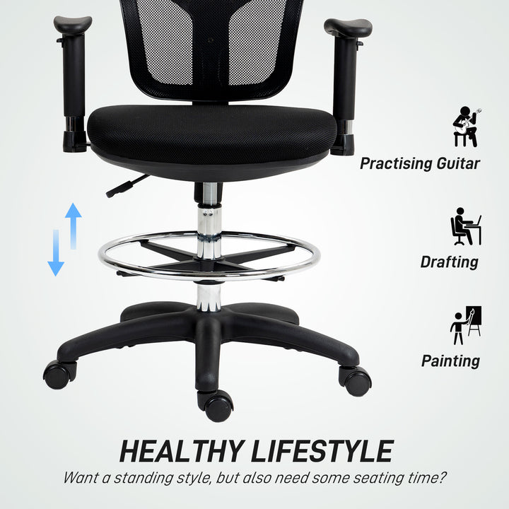 Drafting Chair with Adjustable Armrests, Ergonomic Mesh Office Chair with Lumbar Support, Adjustable Height and Footrest for Standing Desk, Black