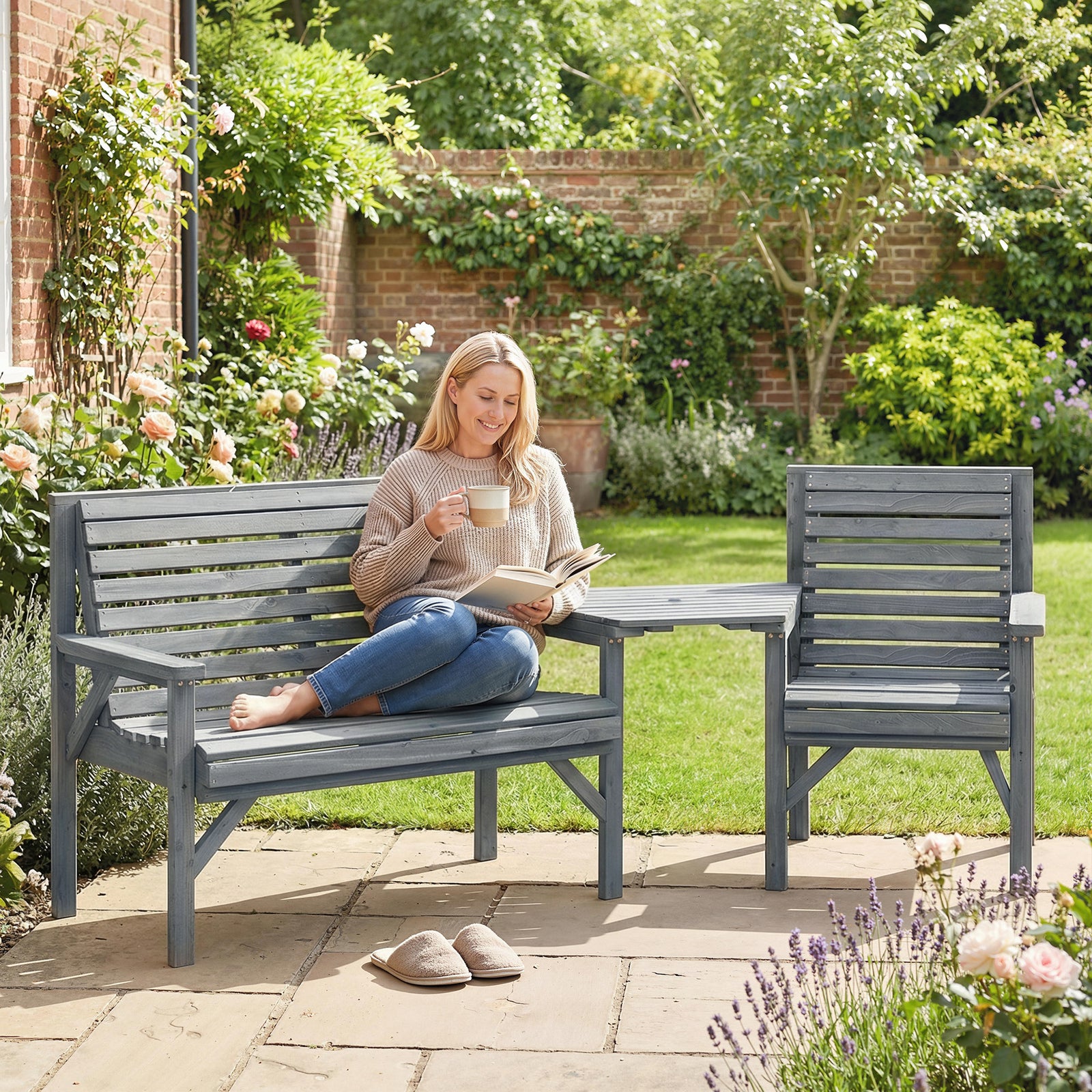 Wooden Garden Furniture Set with Parasol Hole, 1 Chair, 1 Bench and De