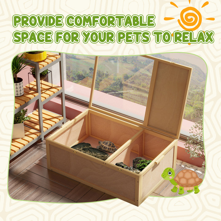 PawHut 94 cm Wooden Tortoise House Turtle Terrarium/ Small Reptile Enclosure with Two Room Design, Natural